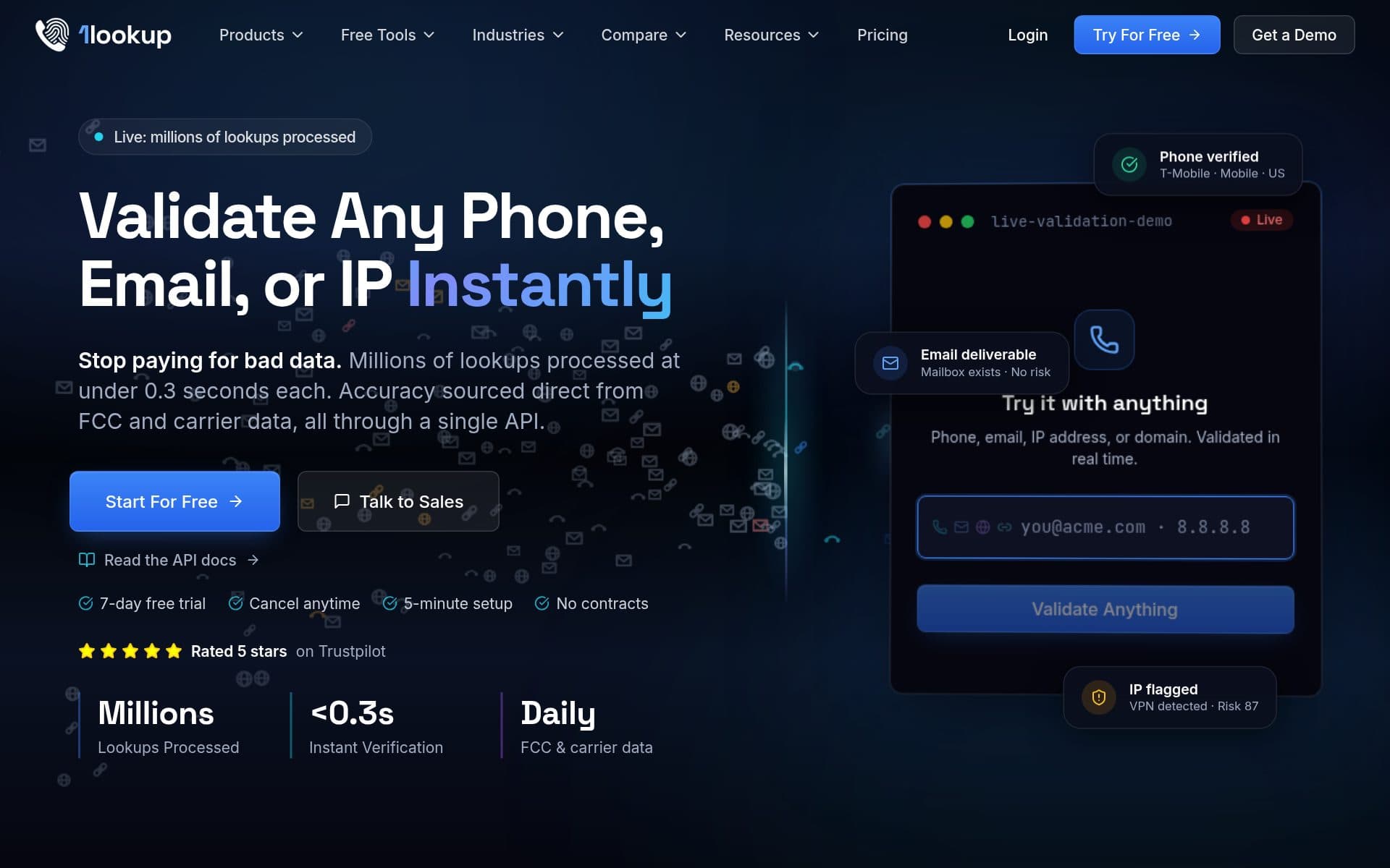 1Lookup homepage — real-time contact verification API
