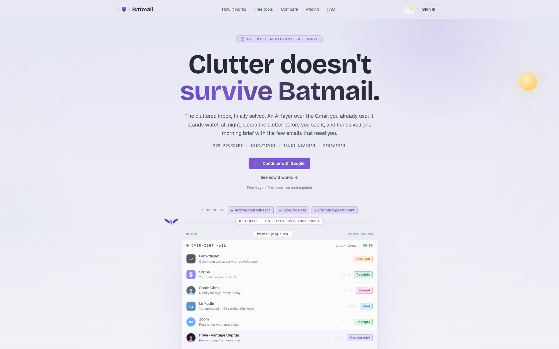 Batmail homepage: AI email assistant for Gmail