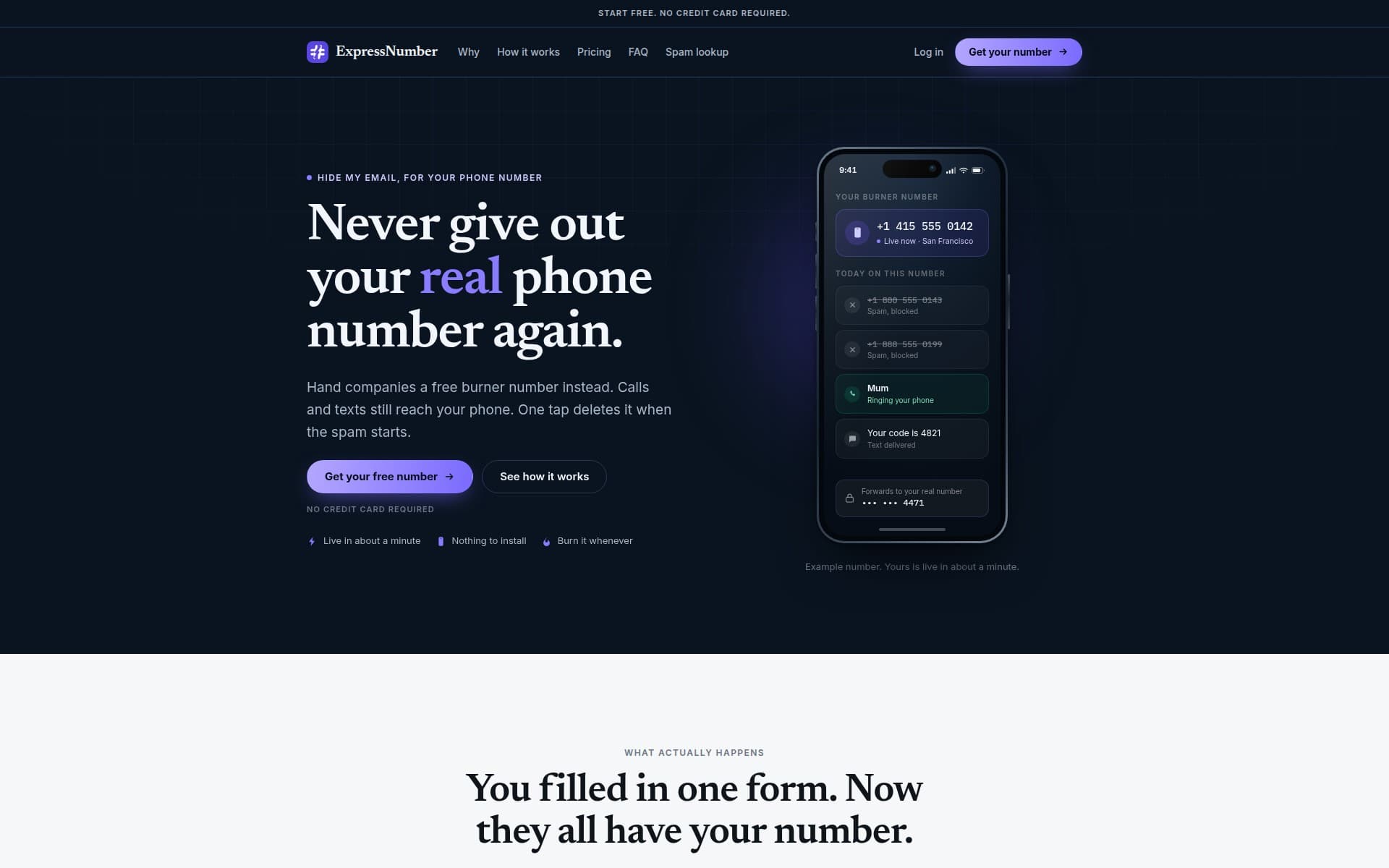 ExpressNumber homepage: disposable US phone numbers