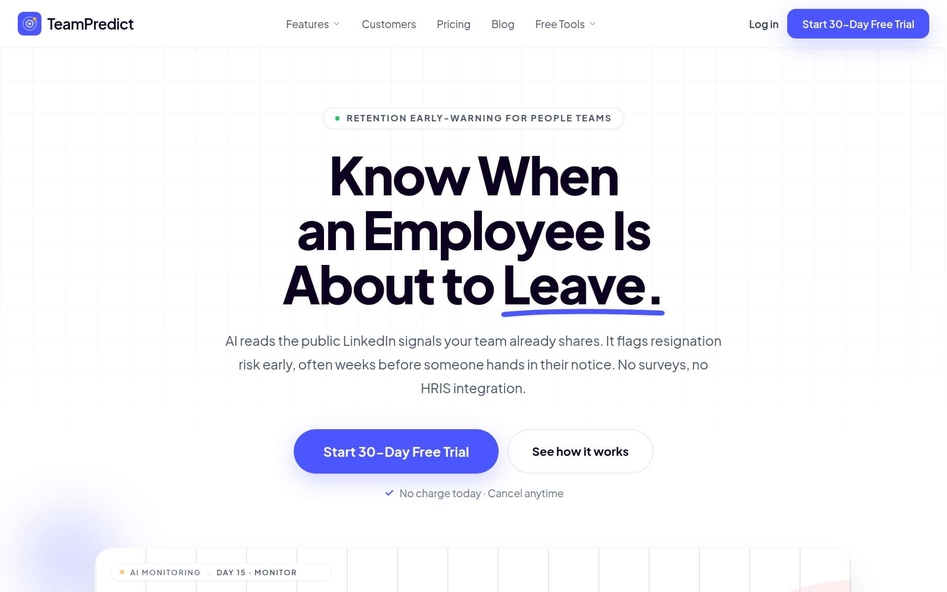TeamPredict homepage — employee flight-risk detection
