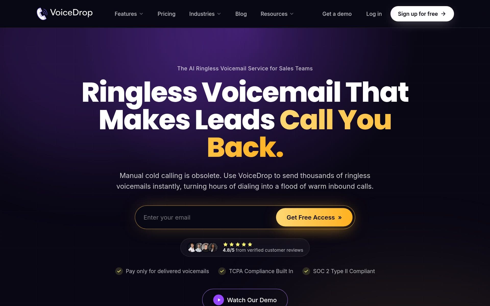 VoiceDrop homepage — AI ringless voicemail software